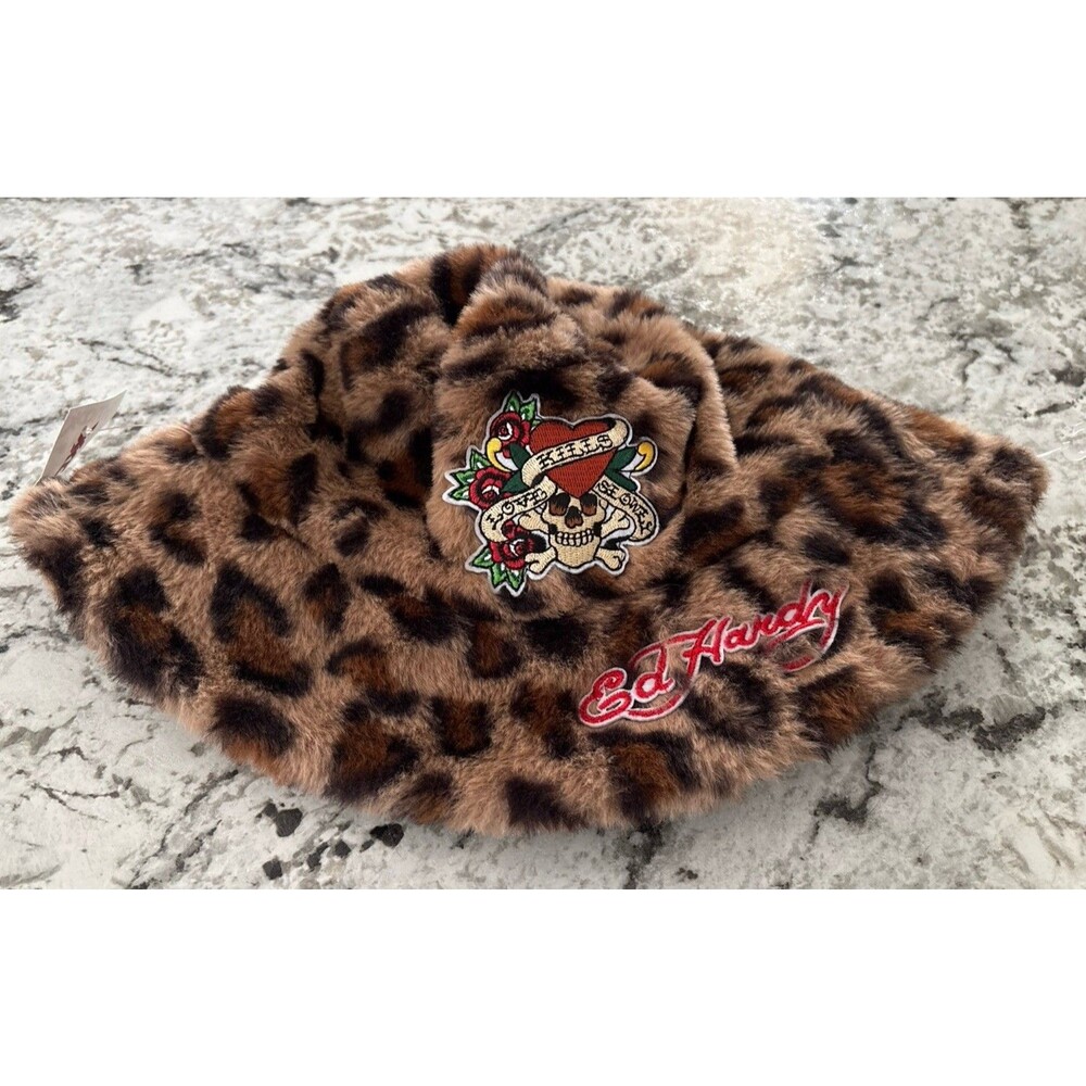 Ed Hardy 'Love Kills Slowly' Tattoo Cheetah Faux Fur Bucket Hat O/S NWT.